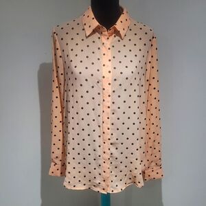 MinkPink Women's Luncheon Sheer Peach Polka Dot Blouse Medium Playful Y2K Bright